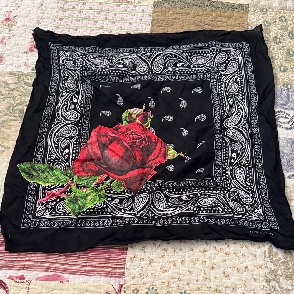 Rodeo Quincy Black and White Bandana with Red Rose Design